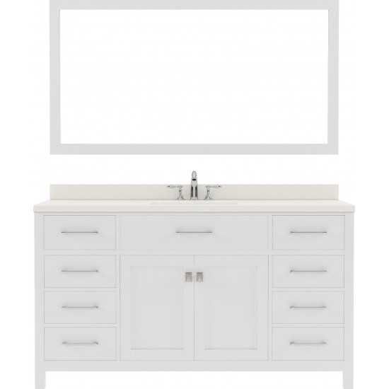 Caroline 60" Single Bath Vanity in White with White Quartz Top and Square Sink and Matching Mirror