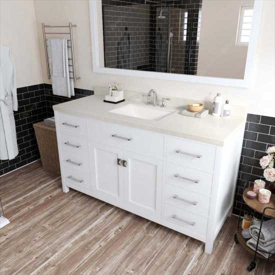 Caroline 60" Single Bath Vanity in White with White Quartz Top and Square Sink and Matching Mirror