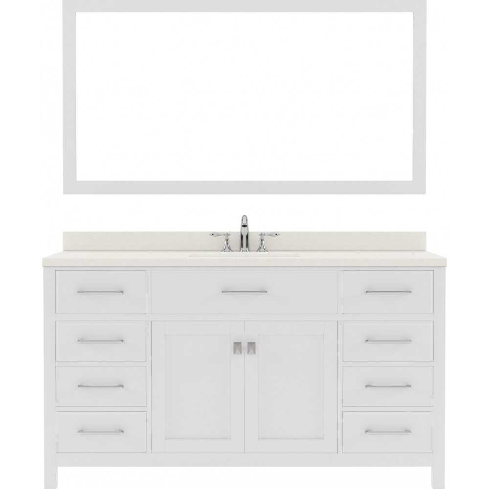 Caroline 60" Single Bath Vanity in White with White Quartz Top and Square Sink with Brushed Nickel Faucet and Matching Mirror