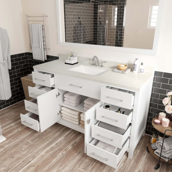 Caroline 60" Single Bath Vanity in White with White Quartz Top and Square Sink with Brushed Nickel Faucet and Matching Mirror