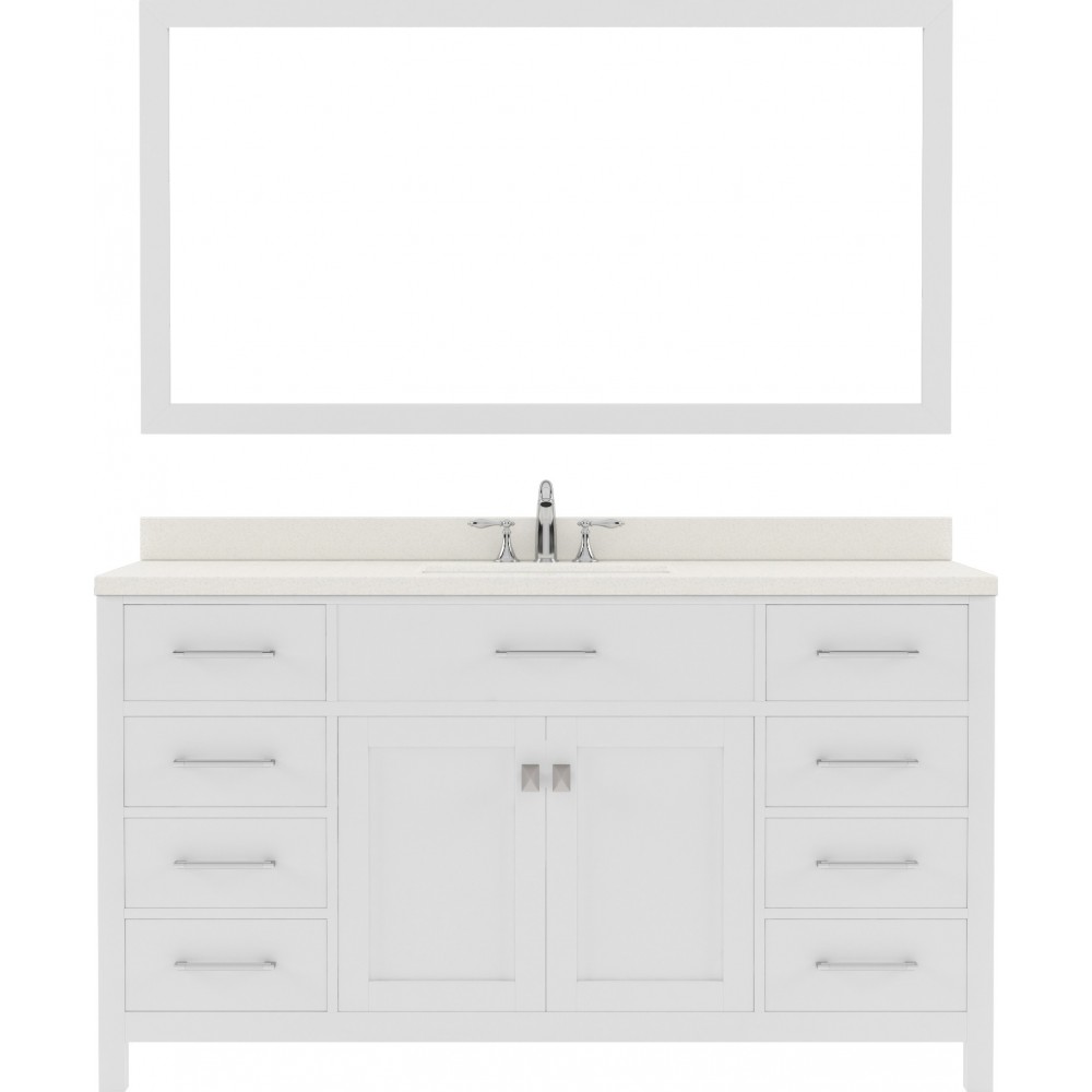 Caroline 60" Single Bath Vanity in White with White Quartz Top and Square Sink with Polished Chrome Faucet and Matching Mirro