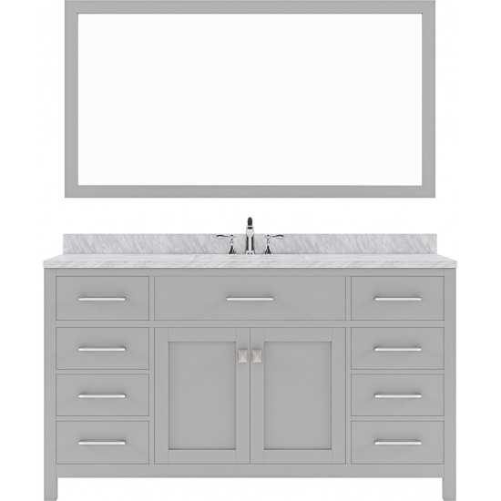 Caroline 60" Single Bath Vanity in Cashmere Gray with White Marble Top and Round Sink and Matching Mirror