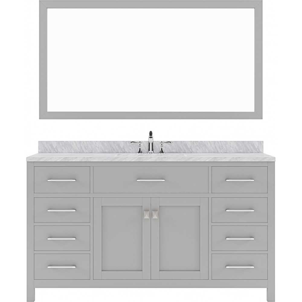 Caroline 60" Single Bath Vanity in Cashmere Gray with White Marble Top and Round Sink and Matching Mirror