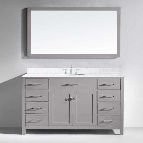 Caroline 60" Single Bath Vanity in Cashmere Gray with White Marble Top and Round Sink with Brushed Nickel Faucet and Mirror