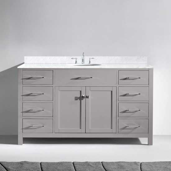 Caroline 60" Single Bath Vanity in Cashmere Gray with White Marble Top and Round Sink with Brushed Nickel Faucet