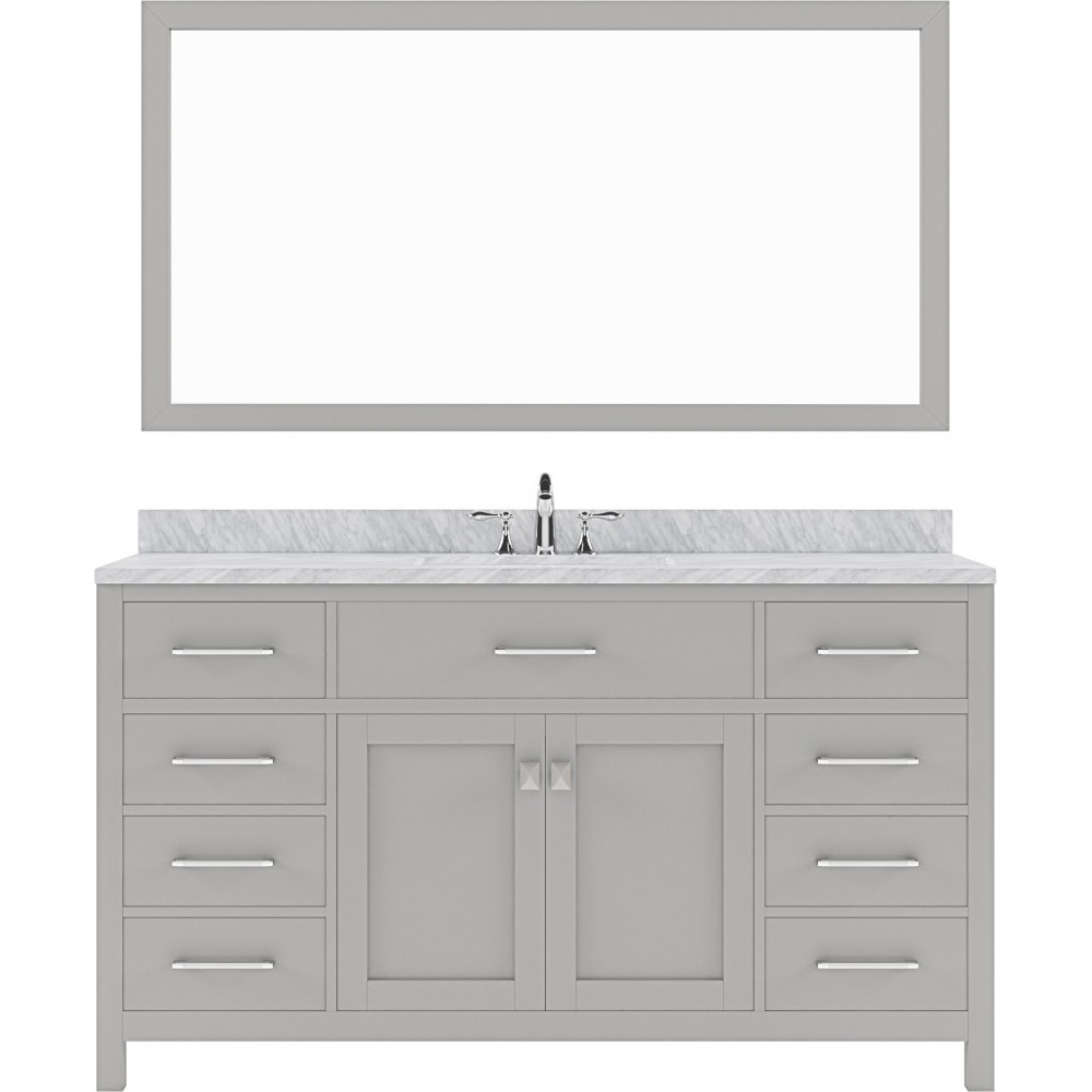 Caroline 60" Single Bath Vanity in Cashmere Gray with White Marble Top and Round Sink with Polished Chrome Faucet and Mirror