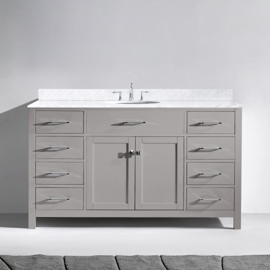 Caroline 60" Single Bath Vanity in Cashmere Gray with White Marble Top and Round Sink