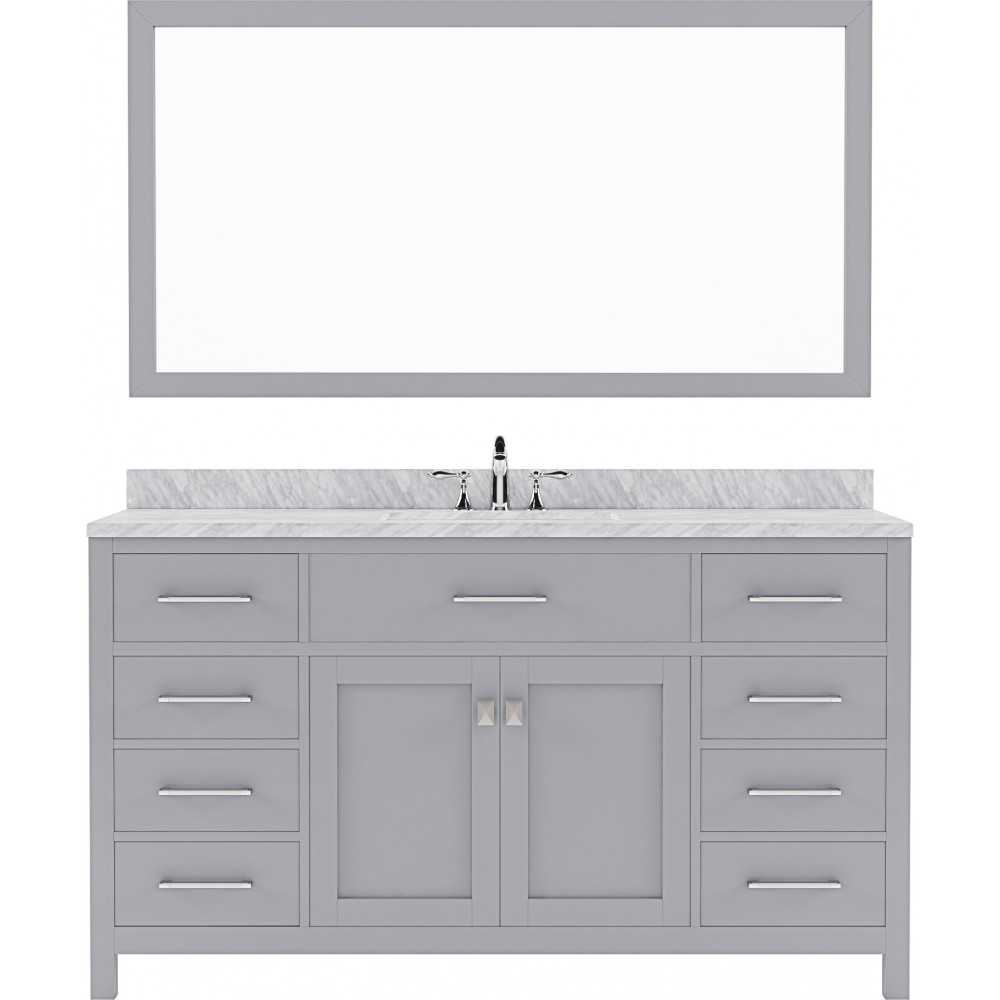Caroline 60" Single Bath Vanity in Gray with White Marble Top and Round Sink and Matching Mirror