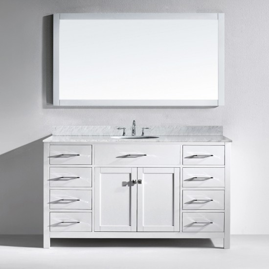 Caroline 60" Single Bath Vanity in White with White Marble Top and Round Sink and Matching Mirror