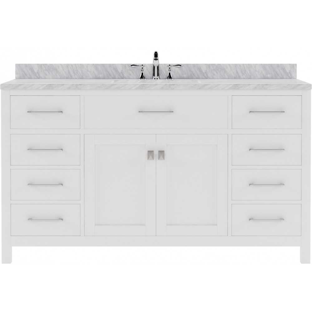 Caroline 60" Single Bath Vanity in White with White Marble Top and Round Sink with Brushed Nickel Faucet