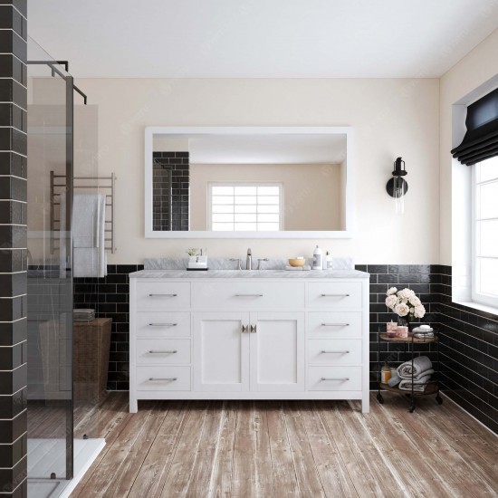 Caroline 60" Single Bath Vanity in White with White Marble Top and Round Sink with Brushed Nickel Faucet