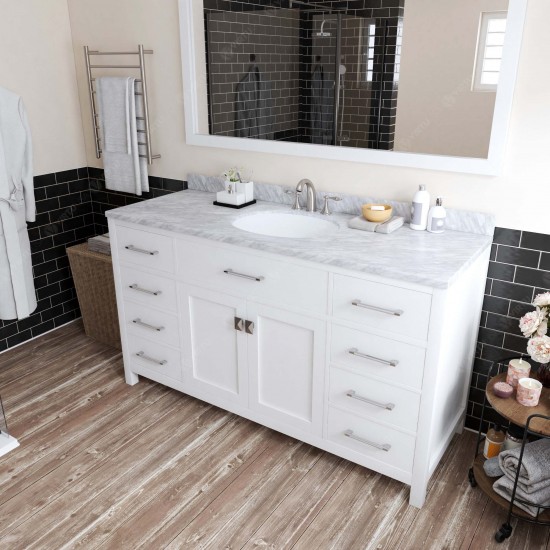 Caroline 60" Single Bath Vanity in White with White Marble Top and Round Sink with Polished Chrome Faucet and Matching Mirror