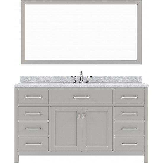 Caroline 60" Single Bath Vanity in Cashmere Gray with White Marble Top and Square Sink with Brushed Nickel Faucet and Mirror