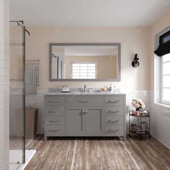 Caroline 60" Single Bath Vanity in Cashmere Gray with White Marble Top and Square Sink with Brushed Nickel Faucet and Mirror