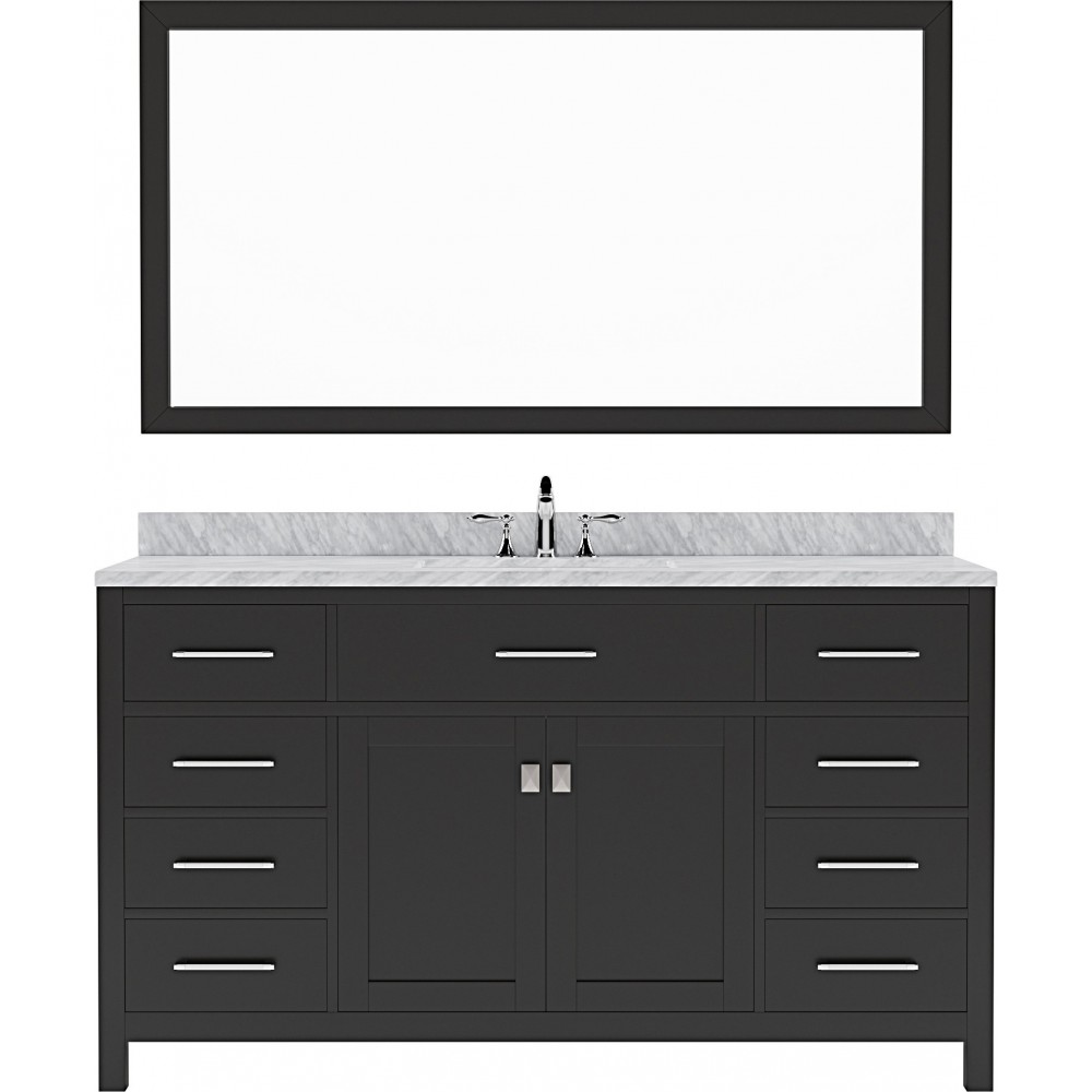 Caroline 60" Single Bath Vanity in Espresso with White Marble Top and Square Sink with Polished Chrome Faucet and Mirror