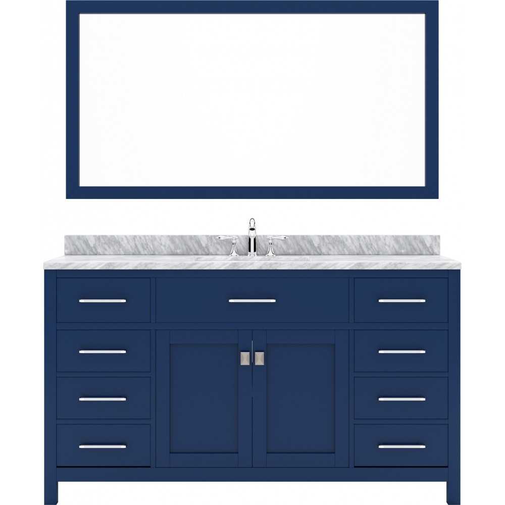 Caroline 60" Single Bath Vanity in French Blue with White Marble Top and Square Sink with Brushed Nickel Faucet and Mirror