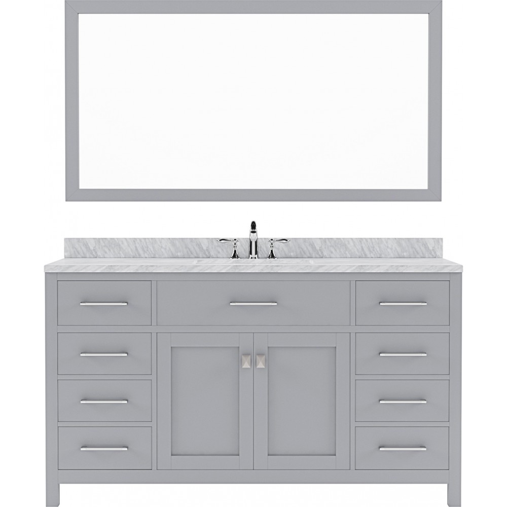 Caroline 60" Single Bath Vanity in Gray with White Marble Top and Square Sink and Matching Mirror