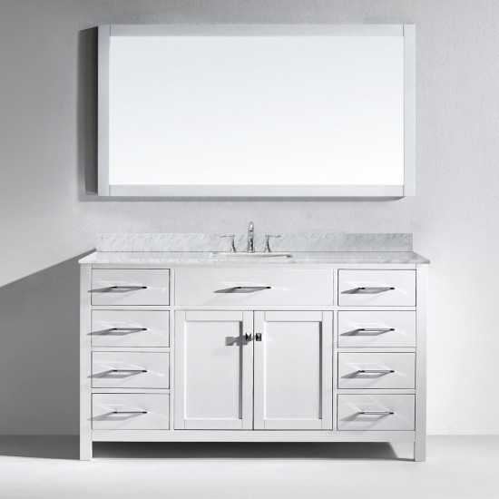 Caroline 60" Single Bath Vanity in White with White Marble Top and Square Sink and Matching Mirror