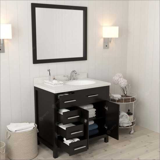 Caroline Parkway 36" Single Bath Vanity in Espresso with White Quartz Top and Round Sink with Polished Chrome Faucet and Mirr
