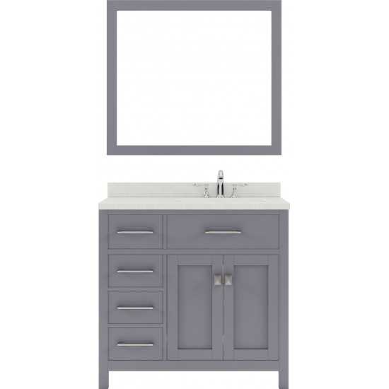 Caroline Parkway 36" Single Bath Vanity in Gray with White Quartz Top and Round Sink and Matching Mirror