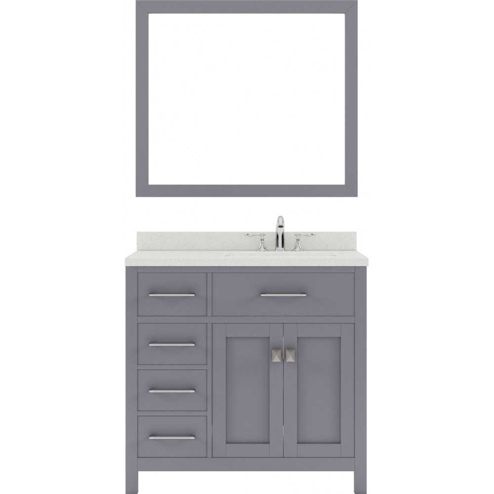 Caroline Parkway 36" Single Bath Vanity in Gray with White Quartz Top and Round Sink with Brushed Nickel Faucet and Mirror