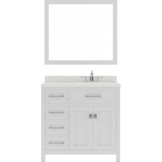 Caroline Parkway 36" Single Bath Vanity in White with White Quartz Top and Round Sink and Matching Mirror