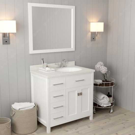 Caroline Parkway 36" Single Bath Vanity in White with White Quartz Top and Round Sink with Brushed Nickel Faucet and Mirror