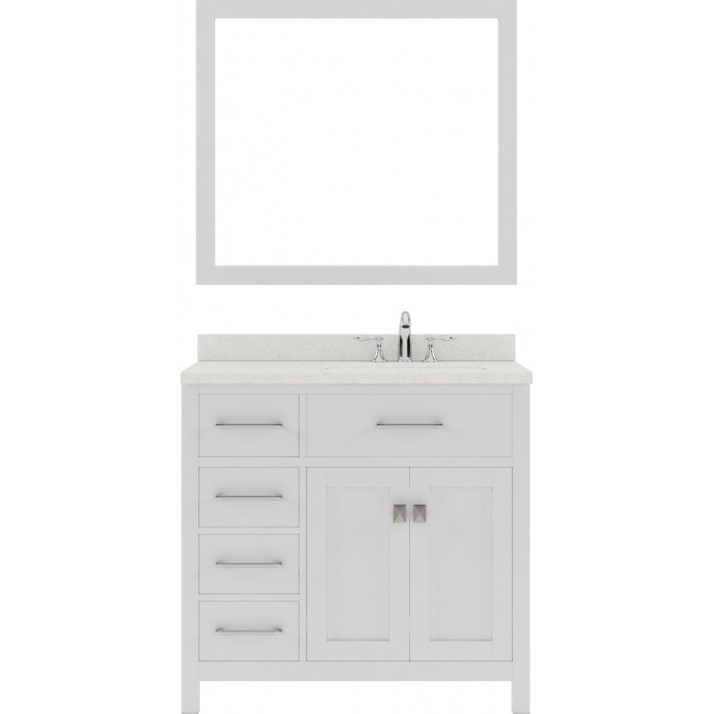 Caroline Parkway 36" Single Bath Vanity in White with White Quartz Top and Round Sink with Polished Chrome Faucet and Mirror