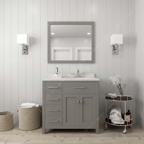 Caroline Parkway 36" Single Vanity in Cashmere Gray with White Quartz Top and Square Sink with Brushed Nickel Faucet and Mirr