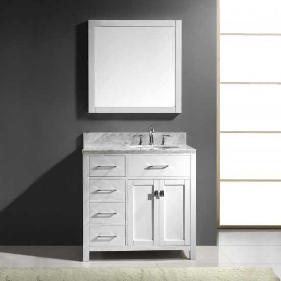 Caroline Parkway 36" Single Bath Vanity in White with White Marble Top and Round Sink with Polished Chrome Faucet and Mirror