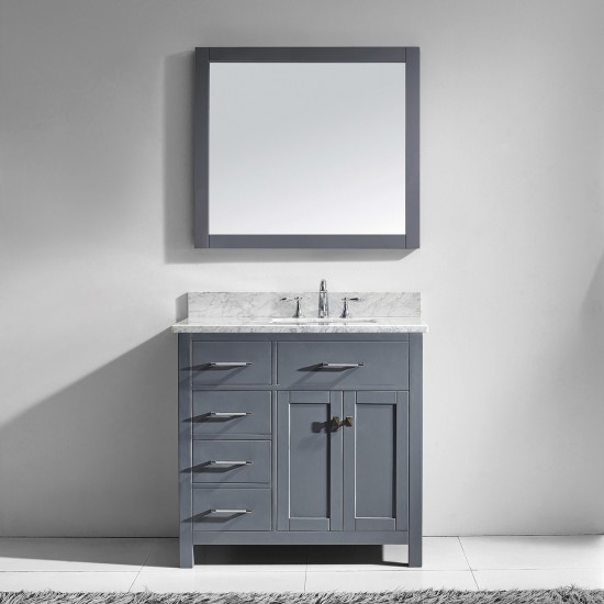 Caroline Parkway 36" Single Bath Vanity in Gray with White Marble Top and Square Sink with Brushed Nickel Faucet and Mirror