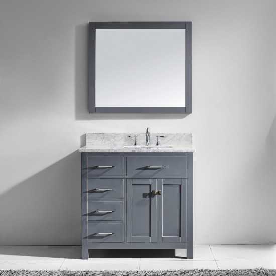 Caroline Parkway 36" Single Bath Vanity in Gray with White Marble Top and Square Sink with Polished Chrome Faucet and Mirror