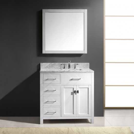 Caroline Parkway 36" Single Bath Vanity in White with White Marble Top and Square Sink and Matching Mirror