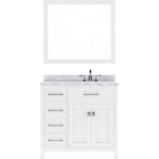 Caroline Parkway 36" Single Bath Vanity in White with White Marble Top and Square Sink with Brushed Nickel Faucet and Mirror