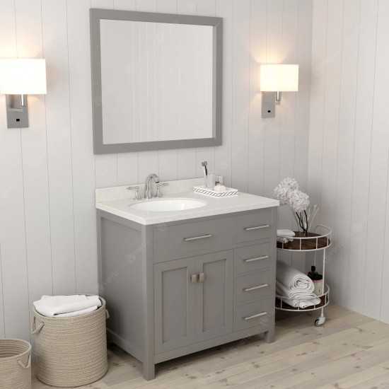 Caroline Parkway 36" Single Bath Vanity in Cashmere Gray with White Quartz Top and Round Sink and Matching Mirror