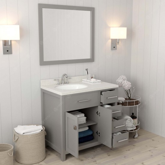 Caroline Parkway 36" Single Bath Vanity in Cashmere Gray with White Quartz Top and Round Sink and Matching Mirror