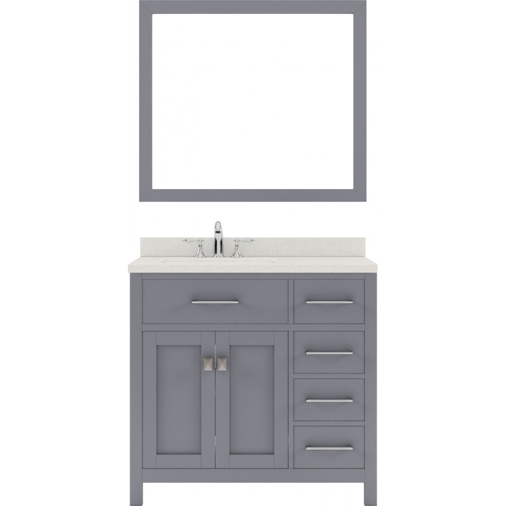 Caroline Parkway 36" Single Bath Vanity in Gray with White Quartz Top and Round Sink with Polished Chrome Faucet and Mirror