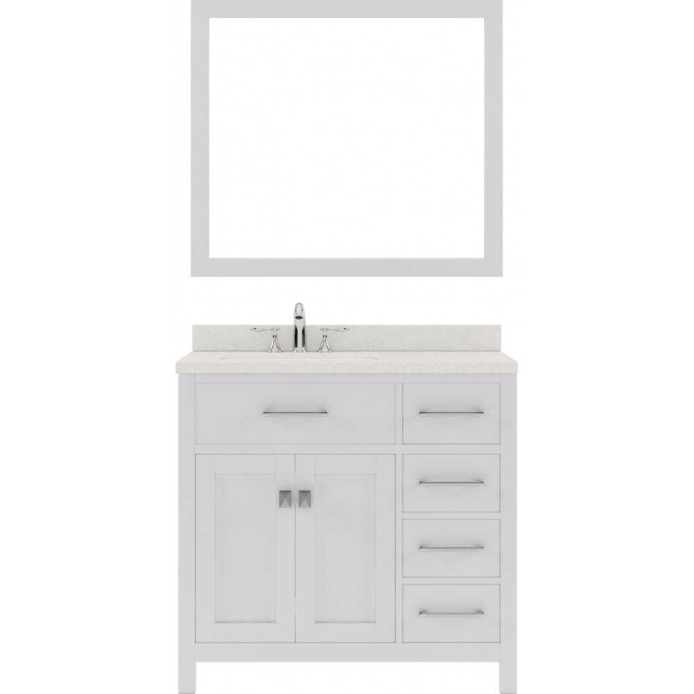 Caroline Parkway 36" Single Bath Vanity in White with White Quartz Top and Round Sink and Matching Mirror