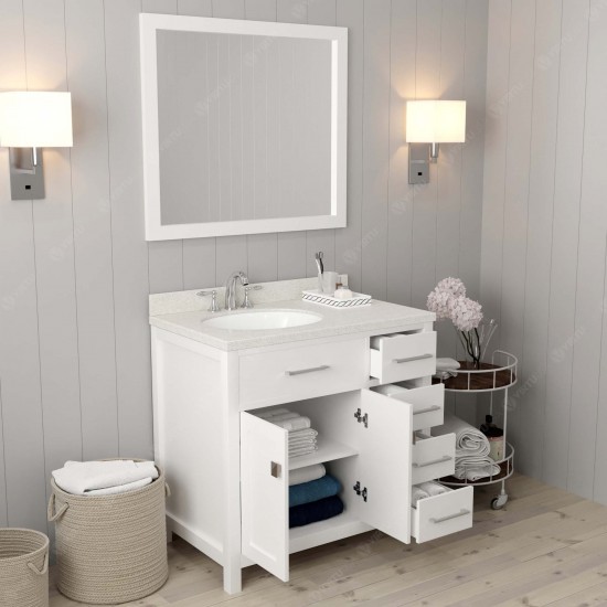 Caroline Parkway 36" Single Bath Vanity in White with White Quartz Top and Round Sink and Matching Mirror