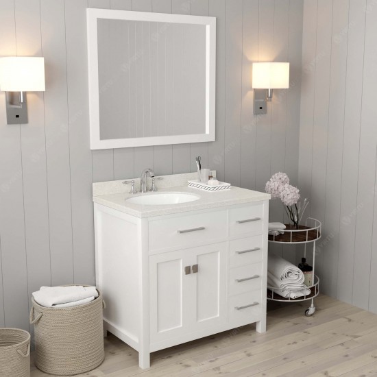 Caroline Parkway 36" Single Bath Vanity in White with White Quartz Top and Round Sink with Polished Chrome Faucet and Mirror