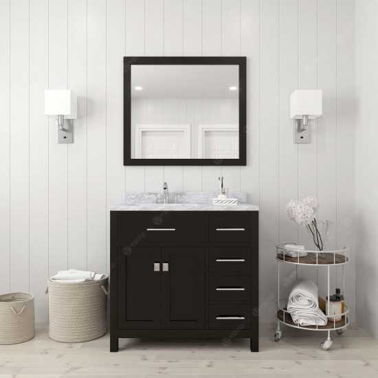 Caroline Parkway 36" Single Bath Vanity in Espresso with White Marble Top and Round Sink with Brushed Nickel Faucet and Mirro