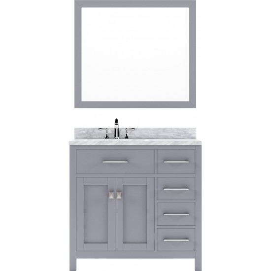 Caroline Parkway 36" Single Bath Vanity in Gray with White Marble Top and Round Sink and Matching Mirror