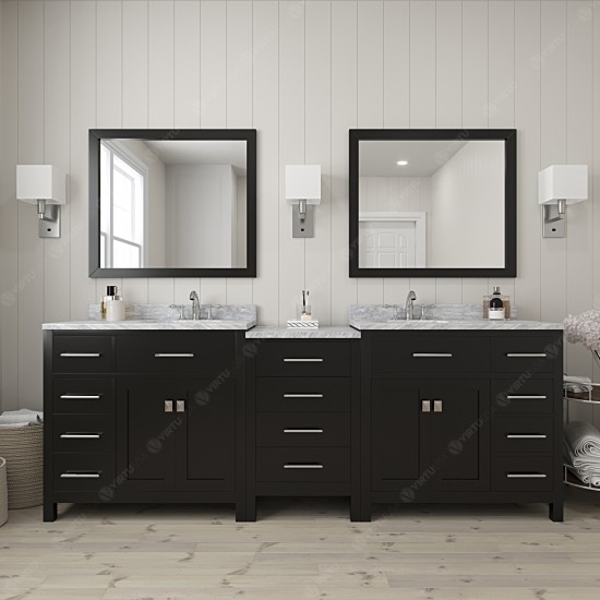 Caroline Parkway 93" Double Vanity in Espresso with White Marble Top and Round Sinks with Polished Chrome Faucets and Mirror