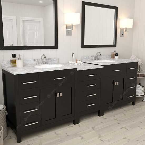 Caroline Parkway 93" Double Vanity in Espresso with White Marble Top and Round Sinks with Polished Chrome Faucets and Mirror