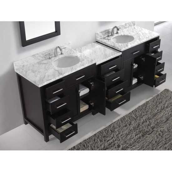 Caroline Parkway 93" Double Vanity in Espresso with White Marble Top and Round Sinks with Polished Chrome Faucets and Mirror