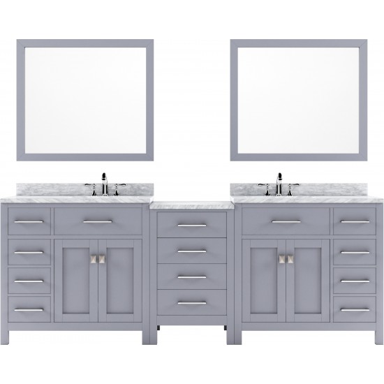 Caroline Parkway 93" Double Bath Vanity in Gray with White Marble Top and Round Sinks and Matching Mirror