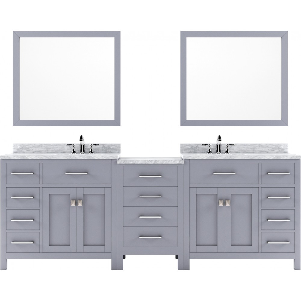 Caroline Parkway 93" Double Bath Vanity in Gray with White Marble Top and Round Sinks and Matching Mirror