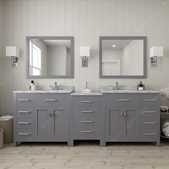 Caroline Parkway 93" Double Bath Vanity in Gray with White Marble Top and Round Sinks and Matching Mirror