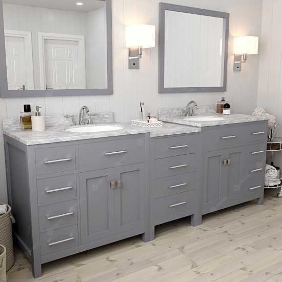 Caroline Parkway 93" Double Bath Vanity in Gray with White Marble Top and Round Sinks and Matching Mirror