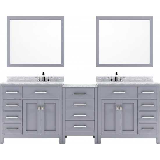 Caroline Parkway 93" Double Bath Vanity in Gray with White Marble Top and Round Sinks with Polished Chrome Faucets and Mirror